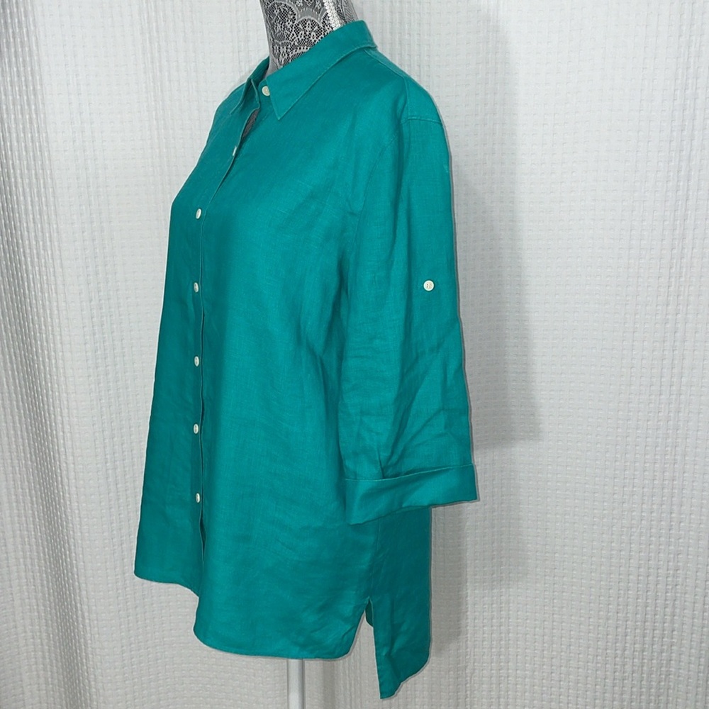 Lafayette 148 New York women's Size 10 teal green linen button up shirt. - Picture 2 of 8